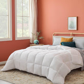 Linenspa white down-alternative comforter for king with box stitch keeps shape all-season.