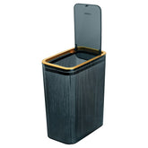 Lingerlanden transparent trash can front view with press-top lid for easy use.