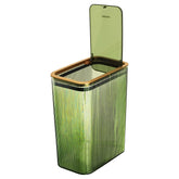 Lingerlanden transparent green trash can with press-top lid, slim profile ideal for tight spaces