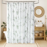 Lino Rosa sage-green boho shower curtain with watercolor meadow design.