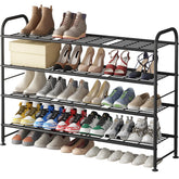LINZINAR long 4-tier shoe rack in gold and black for ample closet storage.