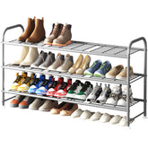 LINZINAR 3-tier long gray shoe rack filled with shoes