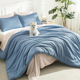 Litanika comforters queen grayish-blue set shown to brighten a cozy bedroom ambiance
