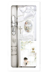 Lito boys First Communion candle with silver cross for ceremonial lighting