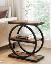 LITTLE TREE End Table with three-tier slim profile beside sofa for space-saving storage.