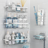 Liuoud 5-pack shower caddy on wall provides organized bathroom storage.