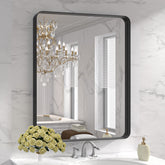 LOAAO 30x36 inch black metal framed mirror with distortion-free reflection.