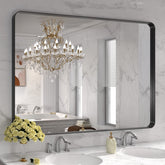 LOAAO bathroom mirror angled view shows sleek black metal frame and dimensions.
