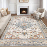 LOONGRUG 8x10 area rug with medallion beige-blue for a stylish living room.