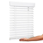 Lotus and Windoware cordless 2in faux wood blind front view for modern interiors