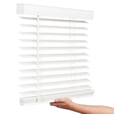 LOTUS & WINDOWARE cordless faux wood blinds Snow White, front view with smooth 2-inch slats for light control
