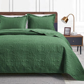 Love's cabin olive green quilt and queen coverlet, lightweight and breathable for warm nights.