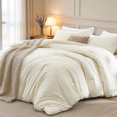 Love's cabin queen comforter set beige on bed showing linen-look texture for cozy appeal