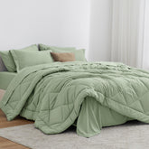 Love's cabin sage twin comforter on bed showing soft fabric and cozy warmth