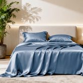 Love's cabin satin queen ash blue close-up of silky fabric for cool comfort