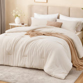 Love's Cabin beige king comforter setup showing soft breathable bedding ensemble