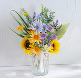 LUEUR artificial silk sunflower bouquet in a glass vase brightens coffee table decor