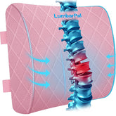 LumbarPal memory foam lumbar pillow in pink provides firm lower-back support