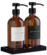 LUSSPA amber glass dispenser with pump for precise hand soap dispensing, ideal for busy kitchens.