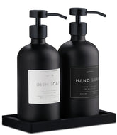 LUSSPA glass soap dispenser set with black Boston-round bottles; durable and refillable.