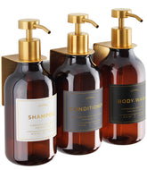 LUSSPA amber bottle dispenser with gold pumps for organized shower storage