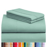 LuxClub light teal queen sheets folded, silky-soft and breathable.
