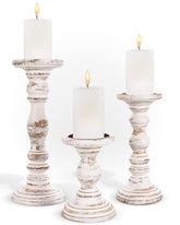Luxe Designs pillar candle holders 3pc white set on table for elegant centerpieces