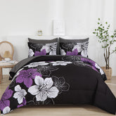 Luxudecor floral comforter set with reversible design and purple flowers on black.