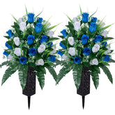 LVXINLI artificial cemetery flowers bouquet in white and blue for lasting memorial dΓ©cor.