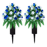 LVXINLI artificial cemetery flowers with dark blue and white roses bouquet for graves.