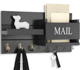 Lwenki wall mail organizer with shelf and hooks in black, ideal for entryways.