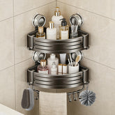 LxBrillxiant corner caddy with suction cup secures bottles securely.