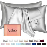 LYSHIN queen silk pillowcase 2-pack in light grey on bed, showcasing soft texture