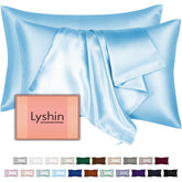 LYSHIN silk pillowcase with hidden zipper in sky blue for a secure sleep surface.