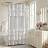 Madison Park Grace White shower curtain with top ruffles for cottage charm
