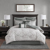 Madison Park Odette comforter features damask medallion for luxurious appeal.