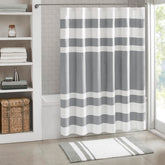Madison Park spa waffle curtain gray stripe texture adds a calm spa feel to the bathroom