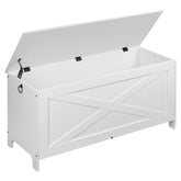 MAHANCRIS 39.4-inch toy chest with white barn-door panels offers versatile living room storage.