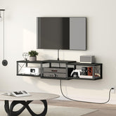 MAHANCRIS floating TV stand in living room with mounted TV, space-saving storage.