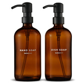 Maisonovo amber bottles with black pumps for spill-free soap and lotion at kitchen or bath.