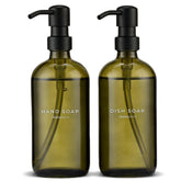 MAISONOVO green glass soap dispensers with black pumps for stylish kitchen or bathroom use.