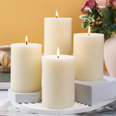Makalone four-pack soy pillar candles with fractured ice texture for elegant table decor