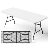 MAKE CHANGES 6ft folding table folded for compact storage and easy transport.
