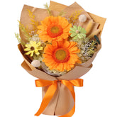 MAMAMIKO preserved sunflowers bouquet with two bright blooms, showcasing long-lasting natural beauty.