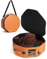 Marscamd vegan leather hat box top view shows capacity for four hats for safe travel.