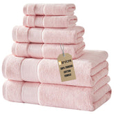 Marvione 6-piece pink bath towels set in a bright bathroom, plush and inviting.