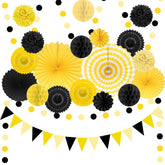 Marwey black-yellow hanging paper fans add bold visual impact to party decor.