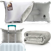 MasterManner travel blanket and pillow set shown together for long flights.