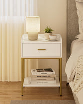 Masupu nightstand with three-tier design and white finish, ideal for compact bedrooms.
