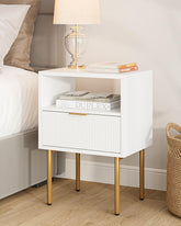 Masupu Nightstand in white with matte gold frame adds elegant bedside storage.